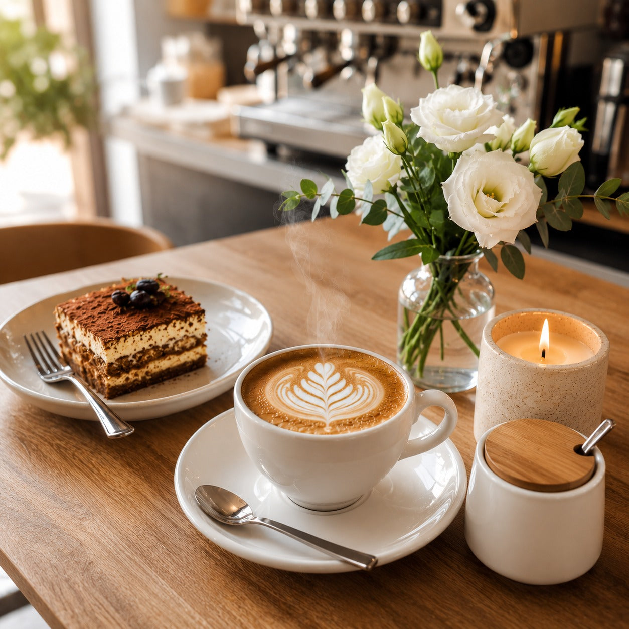 Cappuccino candle fragrance oil inspiration with latte art coffee, tiramisu dessert, lit candle and fresh flowers in a cozy café - 1 Cappuccino candle fragrance oil inspiration with latte art coffee, tiramisu dessert, lit candle and fresh flowers in a cozy café - 1