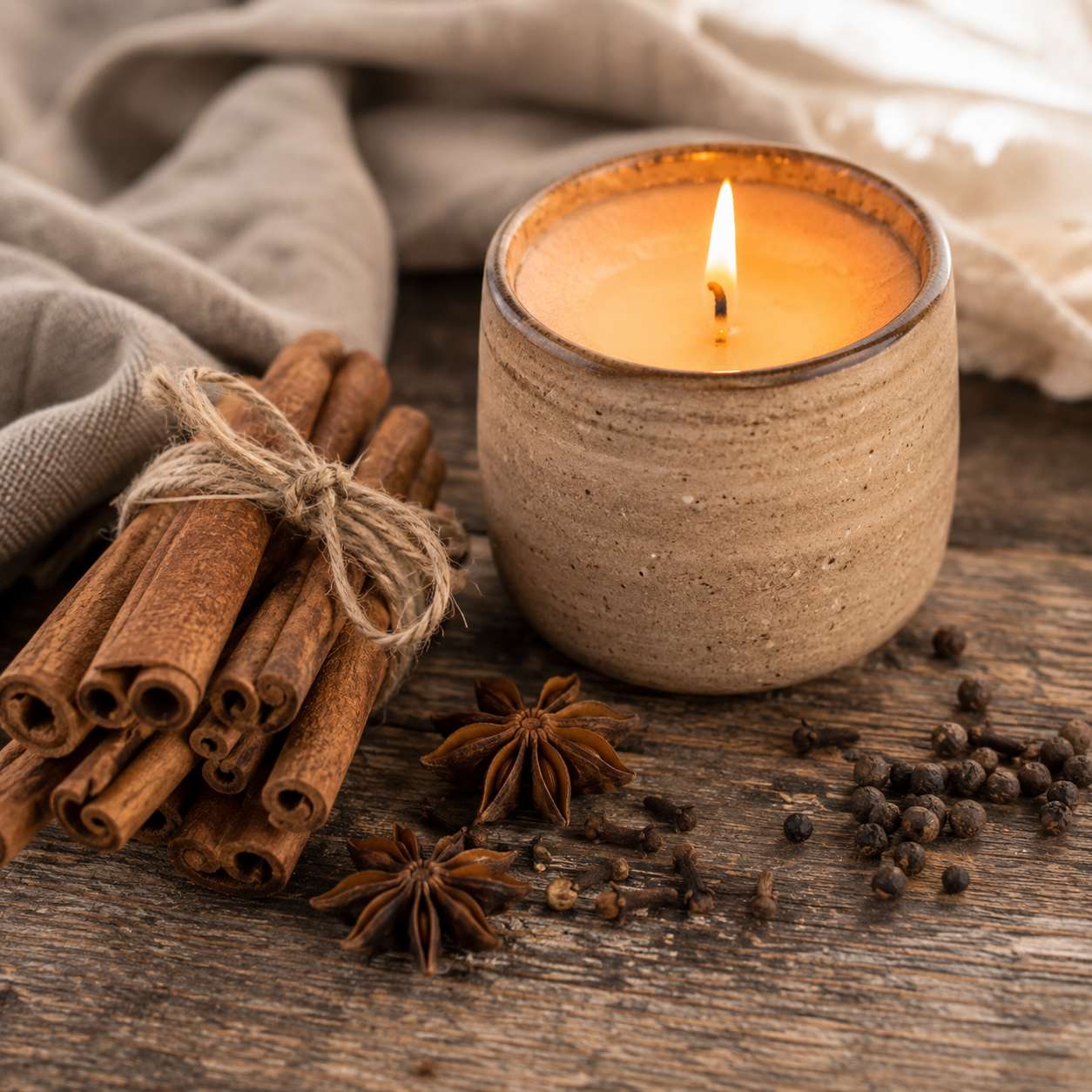 Cinnamon & Spices candle fragrance oil inspiration with cinnamon sticks, star anise, cloves, black pepper and a lit ceramic candle - 1 Cinnamon & Spices candle fragrance oil inspiration with cinnamon sticks, star anise, cloves, black pepper and a lit ceramic candle - 1