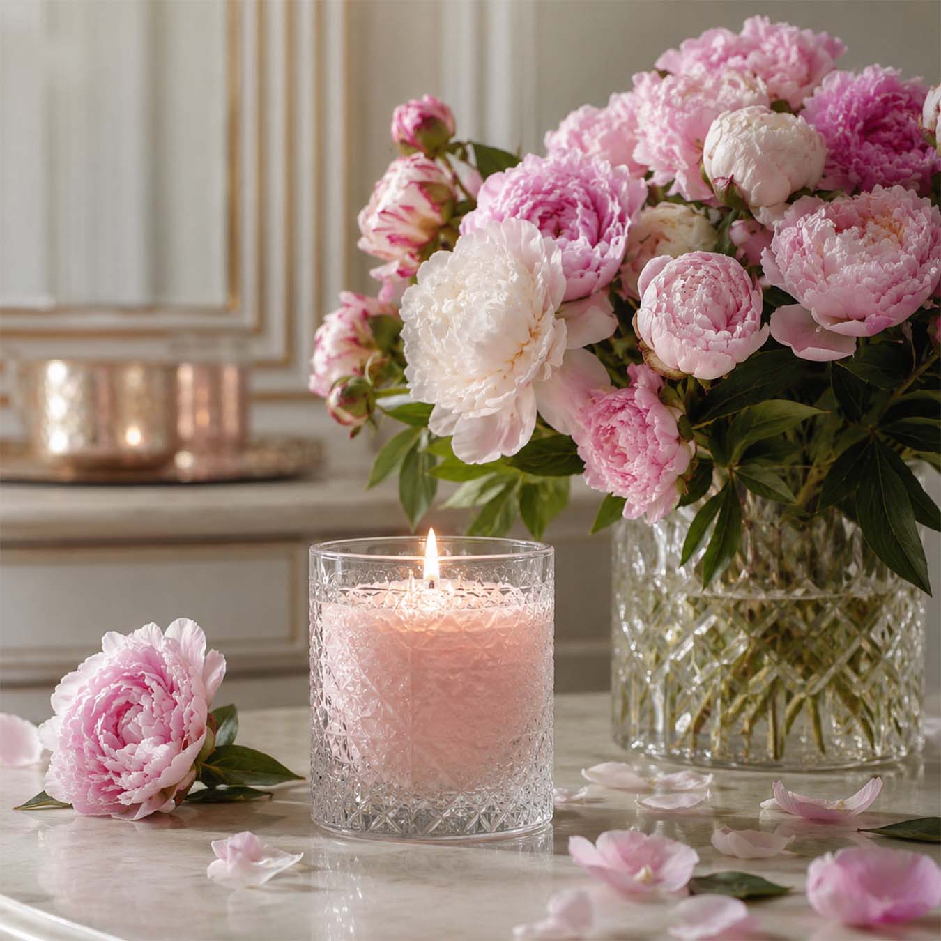 A candle in an elegant glass cup, with a gorgeous bouquet of peonies in the background - 1 A candle in an elegant glass cup, with a gorgeous bouquet of peonies in the background - 1