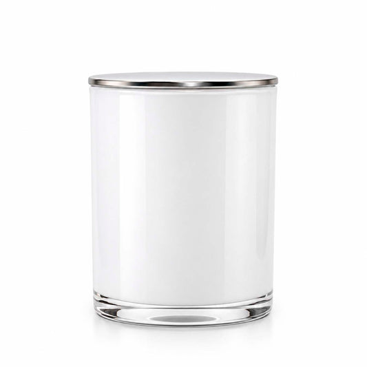 Large Glossy White Candle Glass with Silver Metal Lid - secondary image Large Glossy White Candle Glass with Silver Metal Lid - secondary image