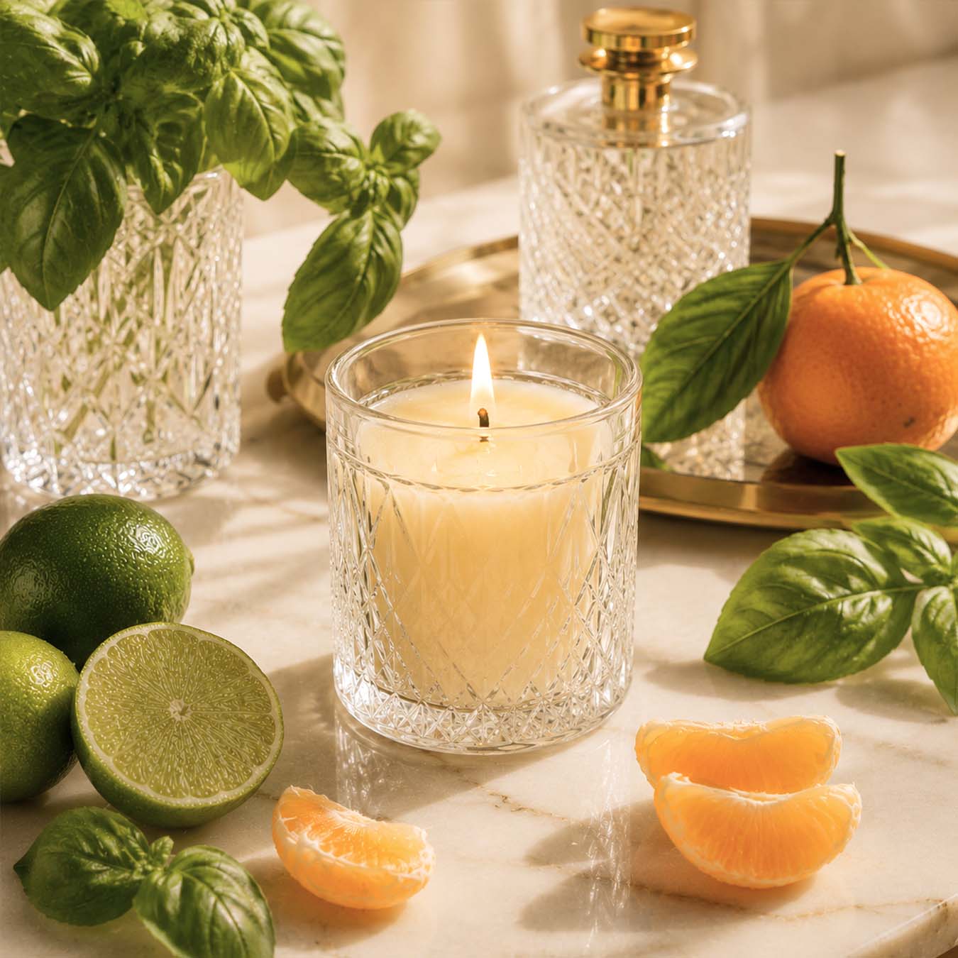 Candle in a glass holder with citrus fruits and basil leaves on a marble surface - 1 Candle in a glass holder with citrus fruits and basil leaves on a marble surface - 1