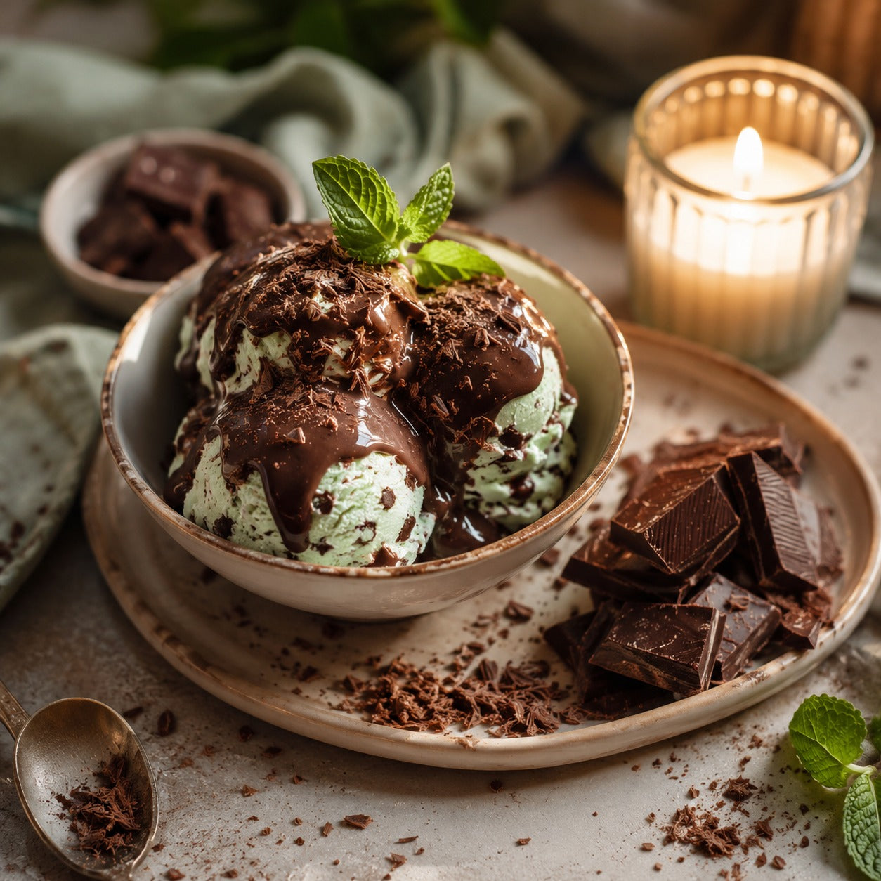 Mint chocolate ice cream with hot chocolate sauce, chocolate shavings and a lit candle in a glass jar, cozy dessert-inspired fragrance scene - 1 Mint chocolate ice cream with hot chocolate sauce, chocolate shavings and a lit candle in a glass jar, cozy dessert-inspired fragrance scene - 1