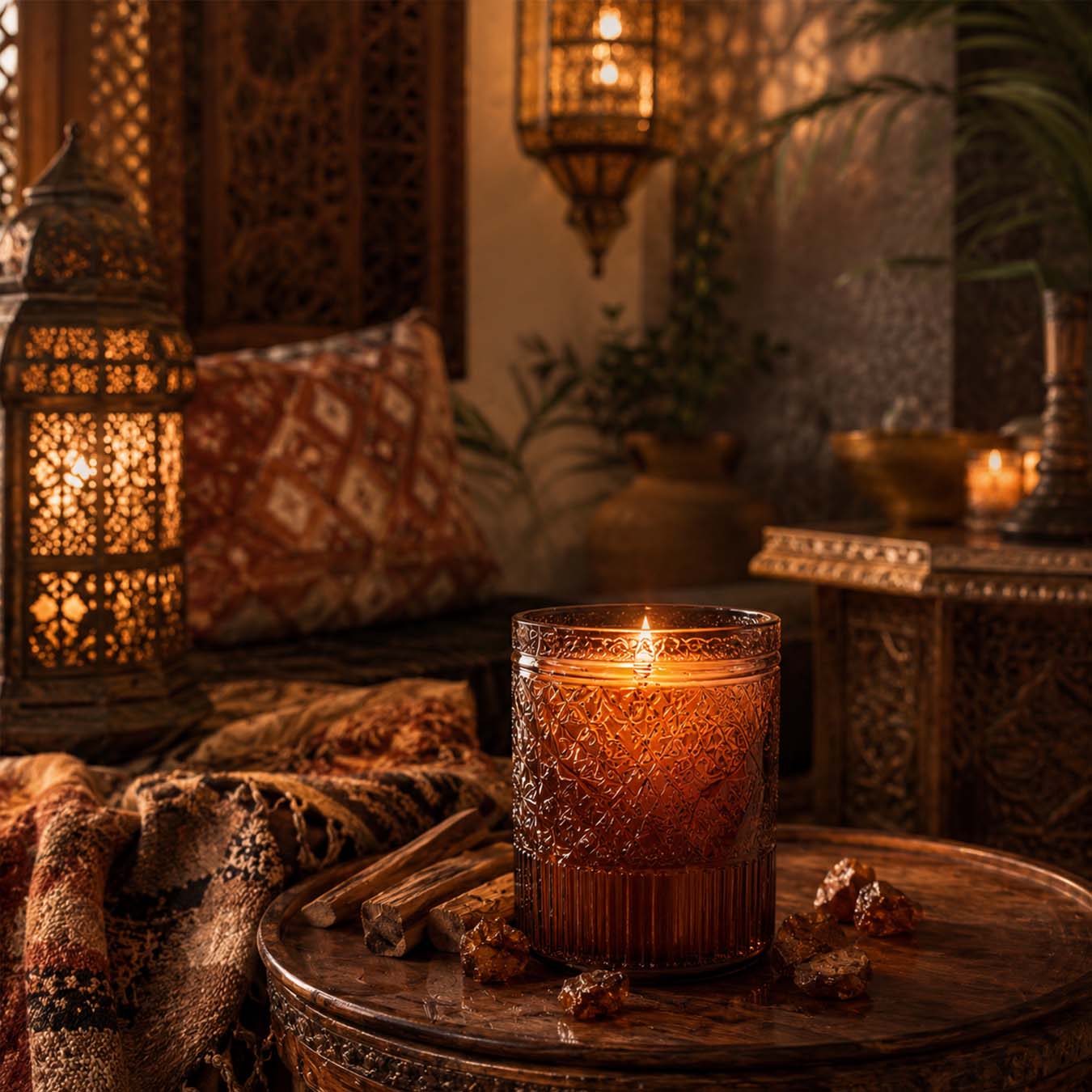 A candle in an elegant glass jar in a Moroccan-style room - 1 A candle in an elegant glass jar in a Moroccan-style room - 1