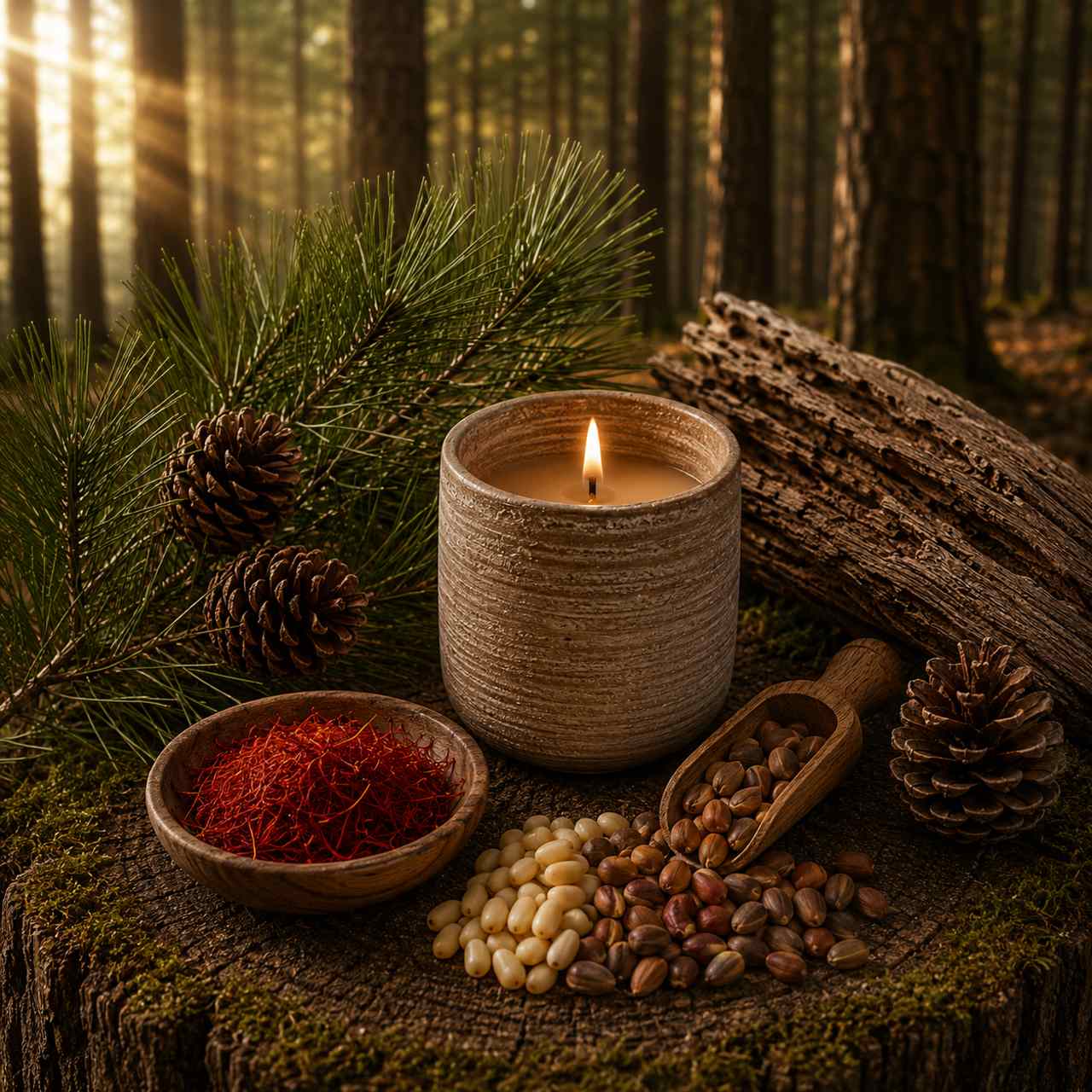 Cedar Saffron candle in a textured ceramic jar on a forest tree stump with natural saffron threads, mixed cedar nuts, pine cones, and cedar branches in warm golden forest light. - 1 Cedar Saffron candle in a textured ceramic jar on a forest tree stump with natural saffron threads, mixed cedar nuts, pine cones, and cedar branches in warm golden forest light. - 1