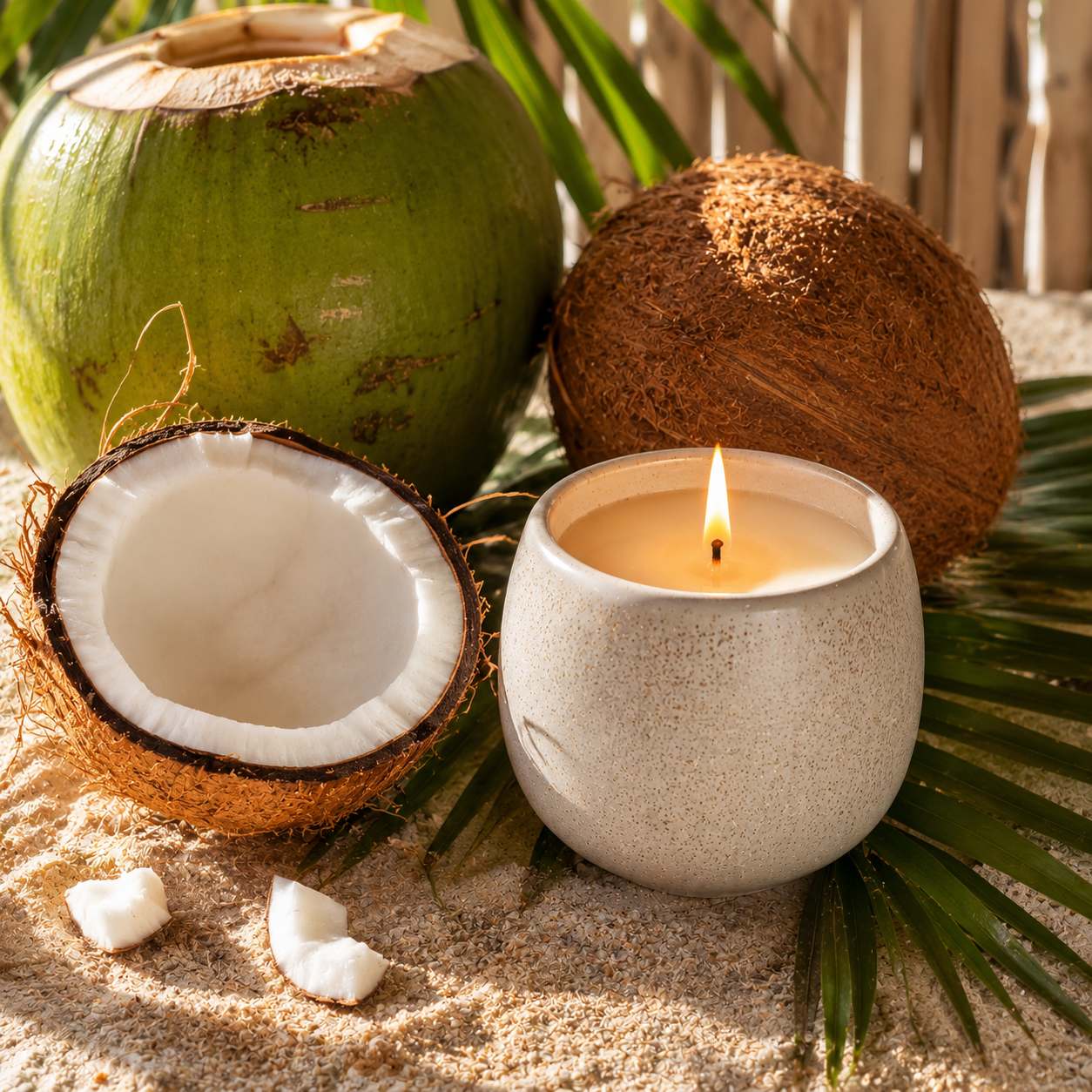 Burning coconut candle in ceramic jar with fresh green coconut, cracked coconut and tropical palm leaves in warm sunlight - 1 Burning coconut candle in ceramic jar with fresh green coconut, cracked coconut and tropical palm leaves in warm sunlight - 1