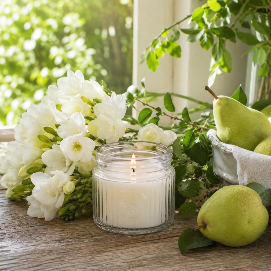 A burning candle in a jar next to English pears and freesia - 1 A burning candle in a jar next to English pears and freesia - 1
