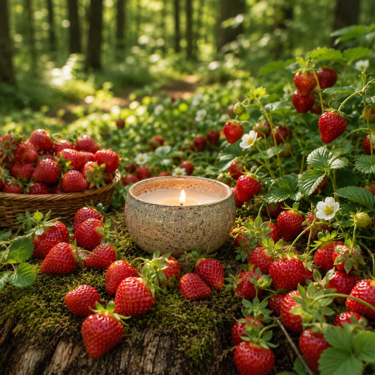 Forest Strawberry candle fragrance inspired woodland scene with glowing ceramic candle surrounded by fresh wild strawberries and moss in sunlit forest - 1 Forest Strawberry candle fragrance inspired woodland scene with glowing ceramic candle surrounded by fresh wild strawberries and moss in sunlit forest - 1
