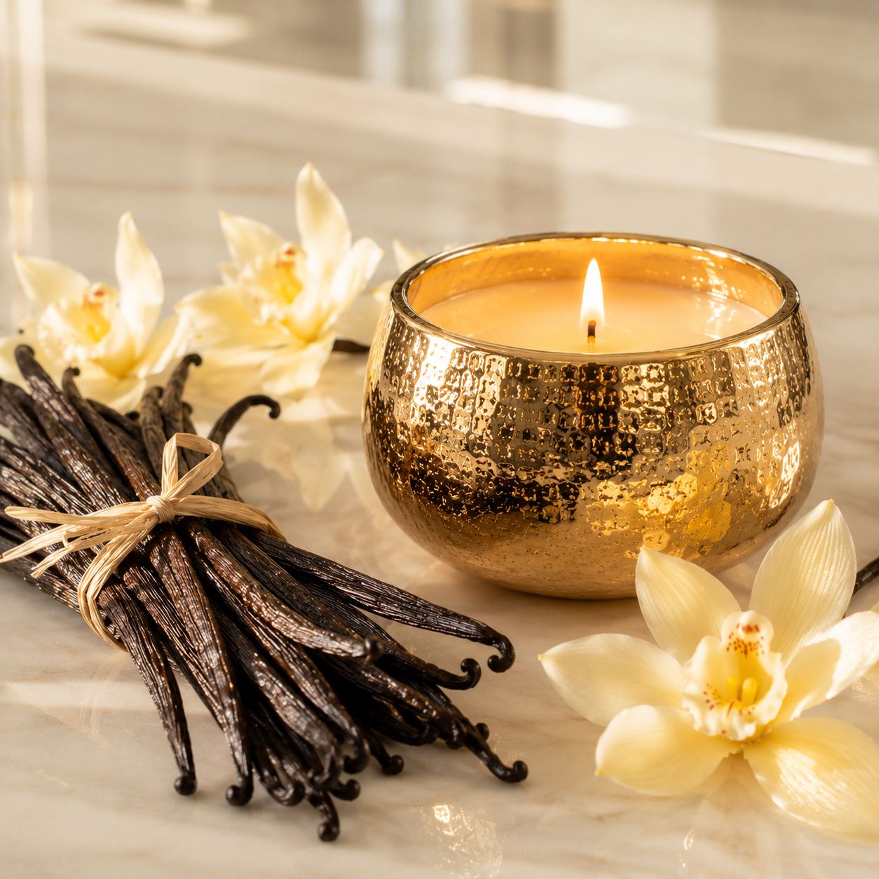 French Vanilla candle fragrance inspired luxury scene with glowing gold candle, tied vanilla pods and delicate vanilla orchid flowers in elegant interior - 1 French Vanilla candle fragrance inspired luxury scene with glowing gold candle, tied vanilla pods and delicate vanilla orchid flowers in elegant interior - 1