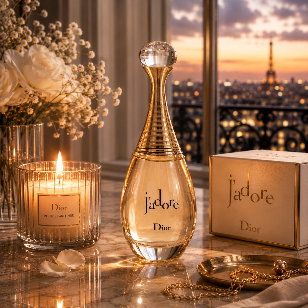 A burning candle next to a bottle of J'Adore Dior perfume and flowers against the backdrop of Paris at night - 1 A burning candle next to a bottle of J'Adore Dior perfume and flowers against the backdrop of Paris at night - 1