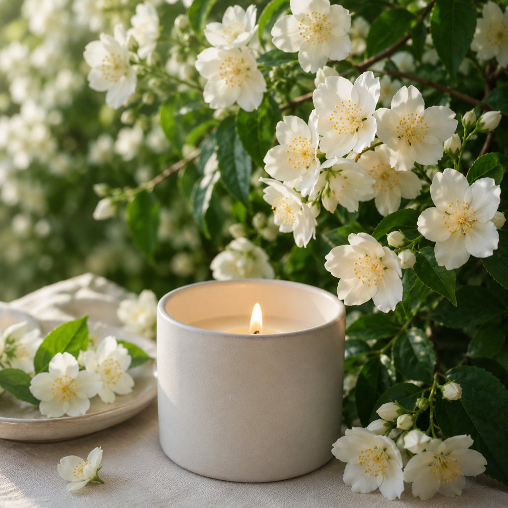 a burning candle against the background of a jasmine bush - 1 a burning candle against the background of a jasmine bush - 1