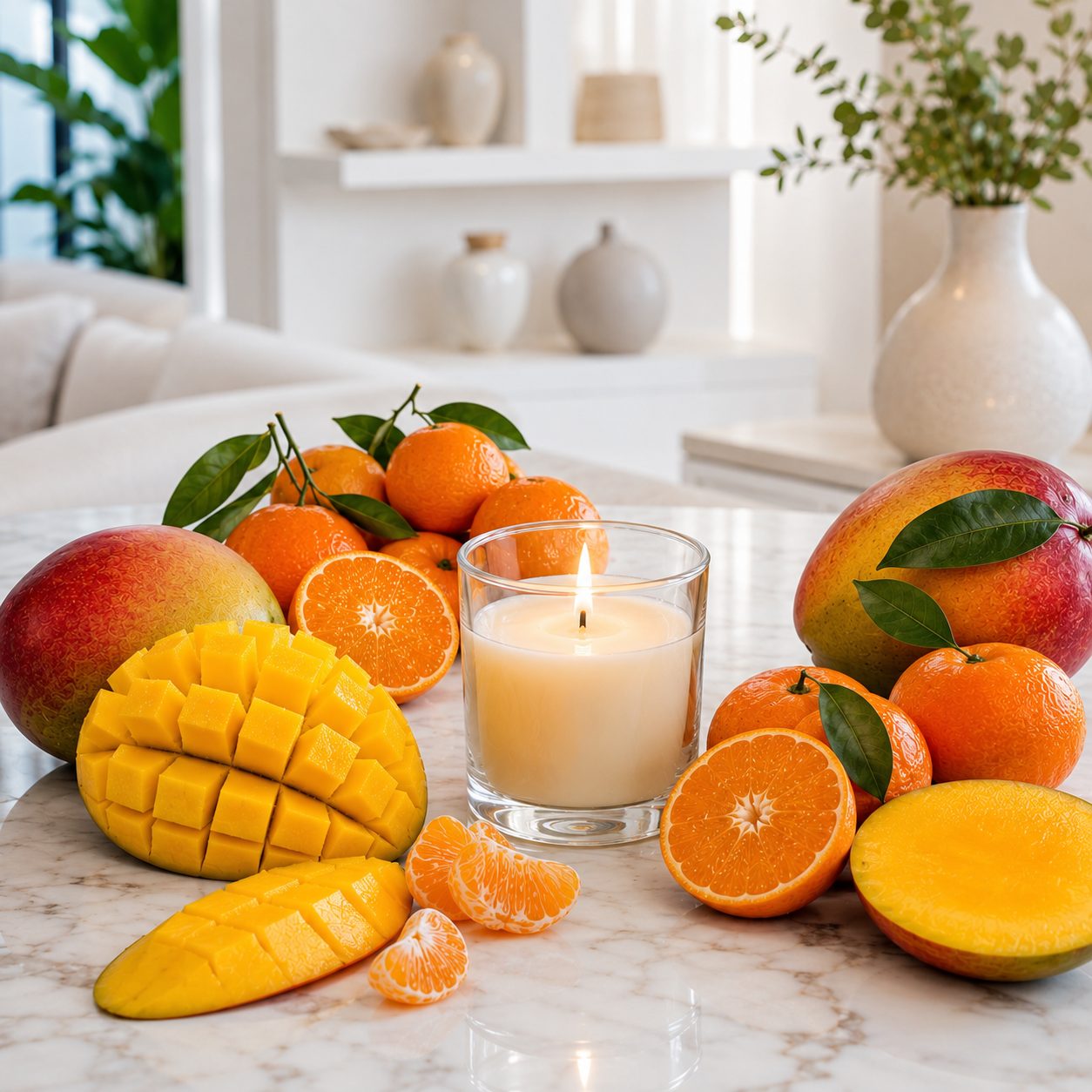 Mango Mandarin candle fragrance inspired scene with glowing glass candle, juicy mangoes and fresh mandarins on white marble table in bright modern interior - 1 Mango Mandarin candle fragrance inspired scene with glowing glass candle, juicy mangoes and fresh mandarins on white marble table in bright modern interior - 1