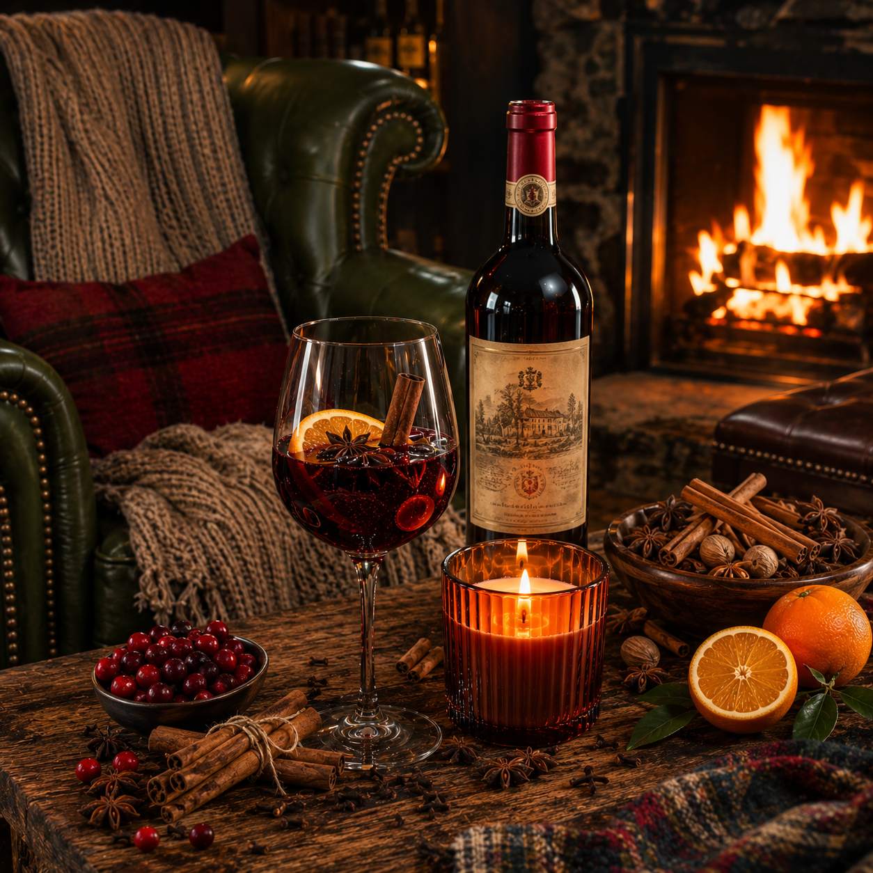 Mulled Wine candle fragrance inspired cozy fireplace scene with glowing candle, glass of hot spiced wine, Italian red wine bottle and warm winter spices - 1 Mulled Wine candle fragrance inspired cozy fireplace scene with glowing candle, glass of hot spiced wine, Italian red wine bottle and warm winter spices - 1