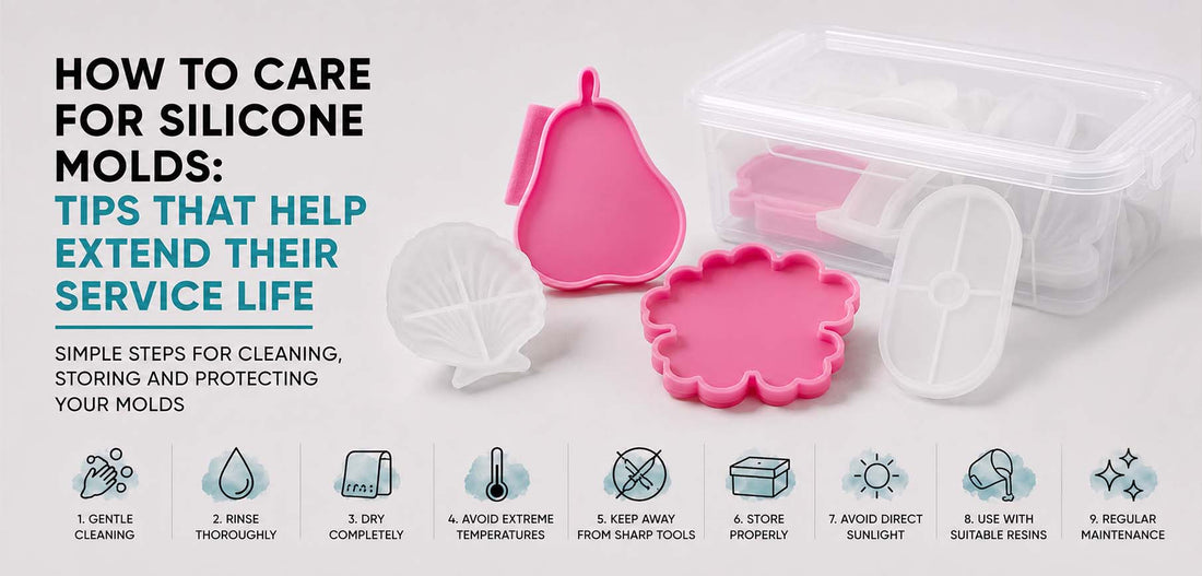 How to Care for Silicone Molds: infographic with pear, flower and seashell silicone molds, proper storage box and essential cleaning, drying and maintenance tips for candle, epoxy resin and acrylic composite molds.