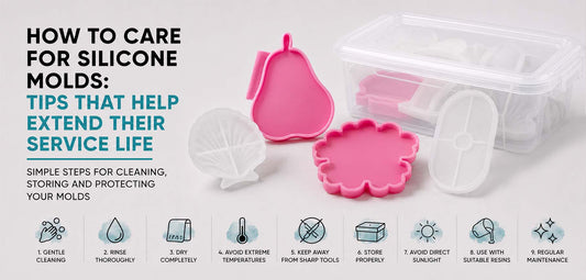How to Care for Silicone Molds: infographic with pear, flower and seashell silicone molds, proper storage box and essential cleaning, drying and maintenance tips for candle, epoxy resin and acrylic composite molds.