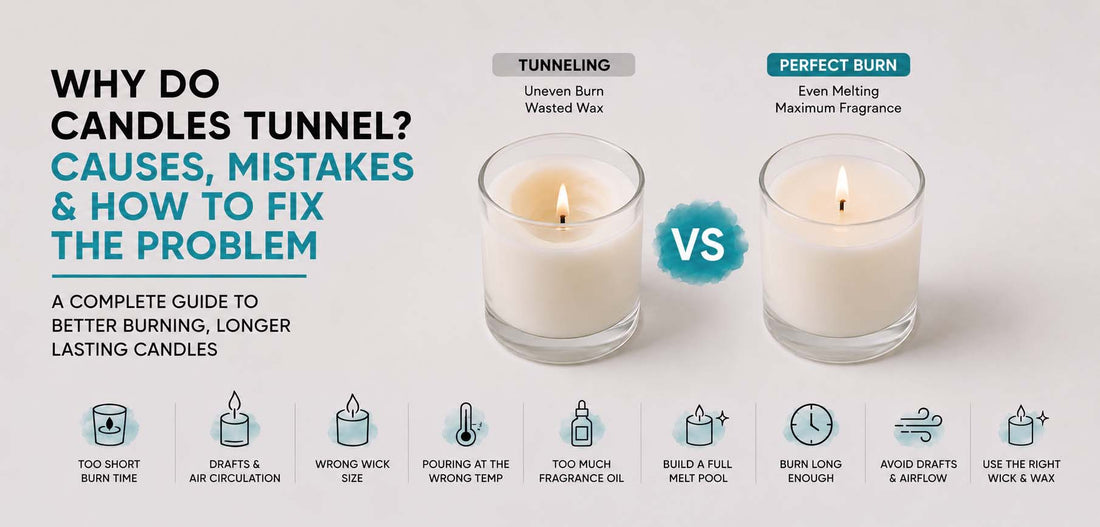 Fix the Problem infographic showing a comparison between a tunneling candle and a perfectly burning candle, with practical tips to prevent tunneling, improve wax melt pool, choose the correct wick, and achieve an even, long-lasting candle burn