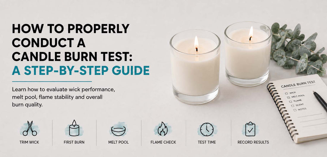 Candle burn test with two lit candles, eucalyptus and testing checklist