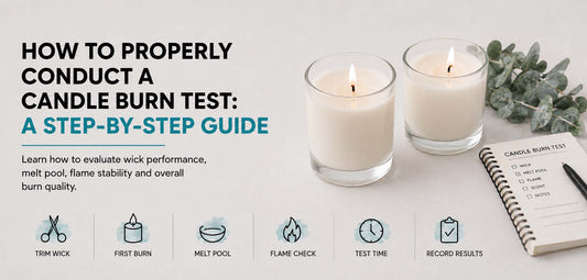 Candle burn test with two lit candles, eucalyptus and testing checklist