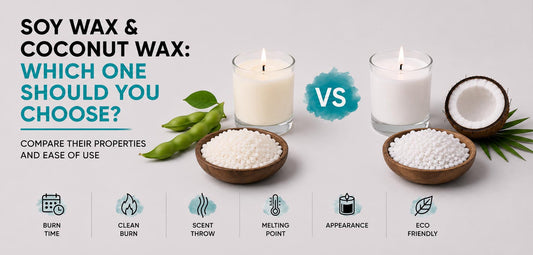 Comparison of soy wax and coconut wax for candle making, featuring two candles in glass jars, wax pellets, soy pods, coconut halves, and a guide to choosing the best candle wax.