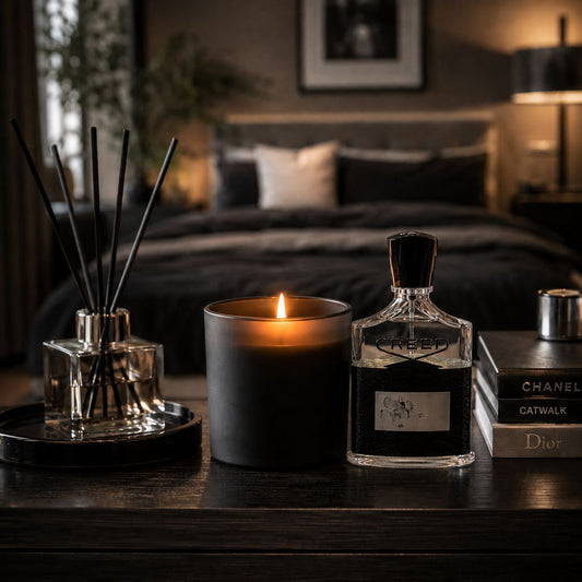 Aventus inspired luxury candle fragrance oil with black candle, reed diffuser and perfume bottle in elegant masculine bedroom