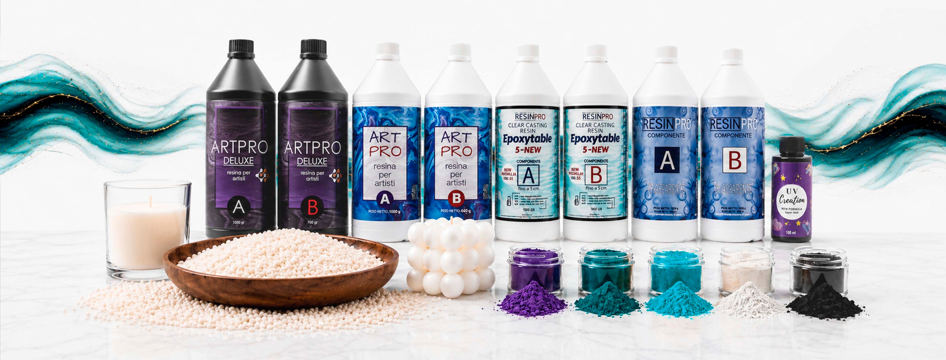 Premium epoxy resin, soy wax and pigment powders for creative projects with elegant turquoise resin wave background on white marble surface1