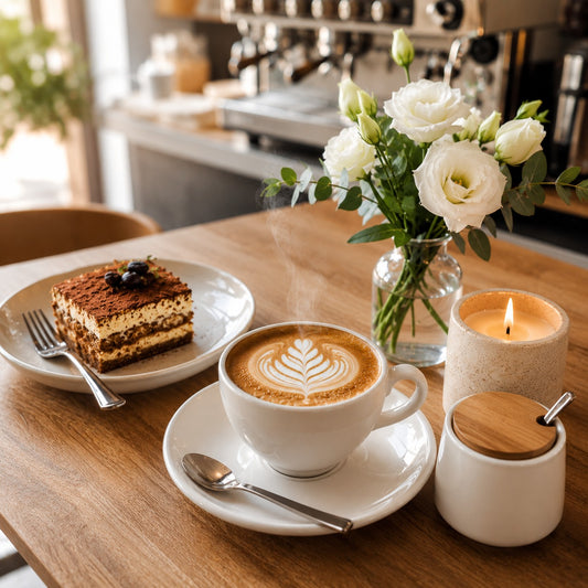 Cappuccino candle fragrance oil inspiration with latte art coffee, tiramisu dessert, lit candle and fresh flowers in a cozy café