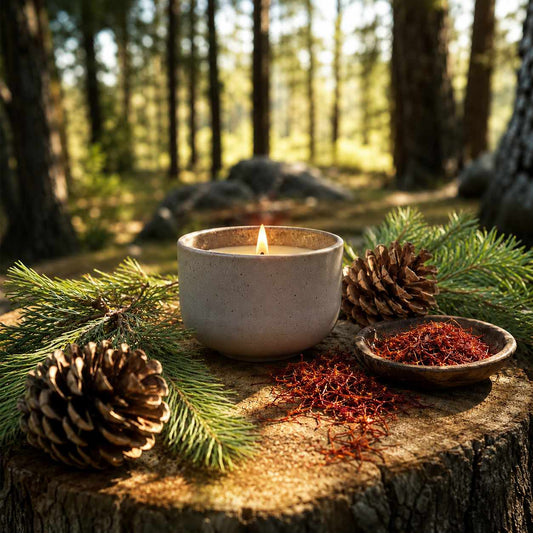 Cedar & Saffron candle fragrance oil inspiration with cedar branches, pine cones, saffron threads and a lit candle in a forest setting