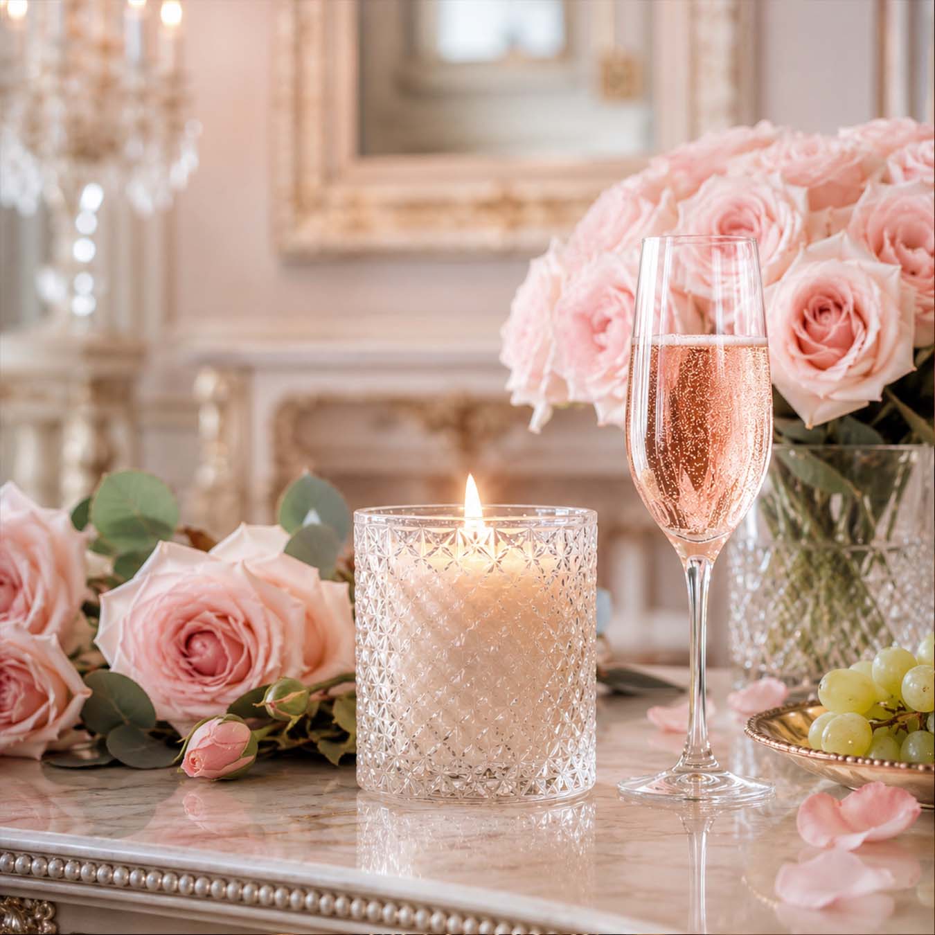 A candle in an elegant glass, next to a glass of champagne, delicate pink roses thumbnail - 1