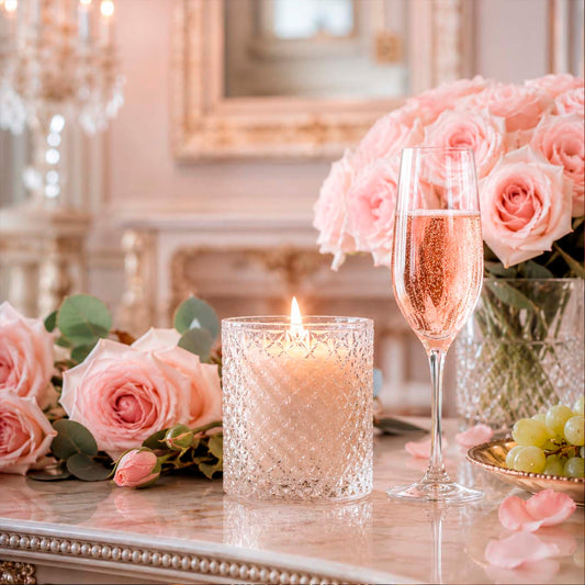 A candle in an elegant glass, next to a glass of champagne, delicate pink roses