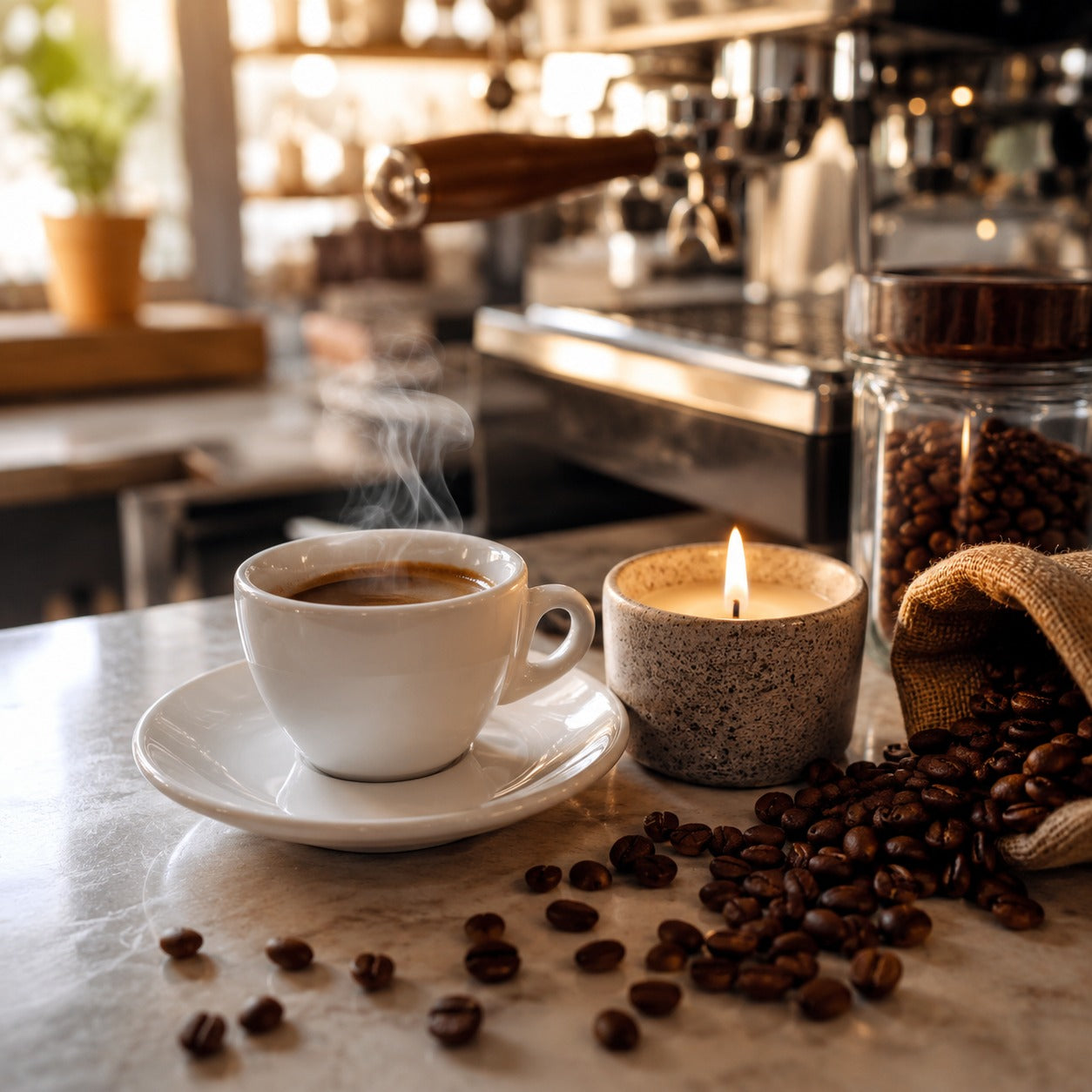 Coffee candle fragrance oil inspiration with espresso cup, coffee beans, lit candle and Italian espresso machine in a cozy café - 1