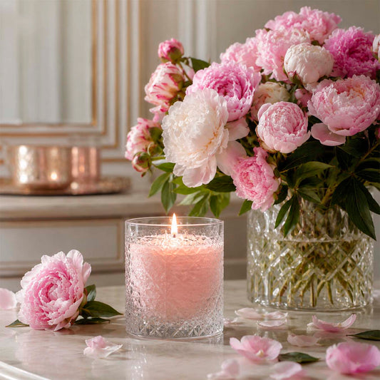 A candle in an elegant glass cup, with a gorgeous bouquet of peonies in the background