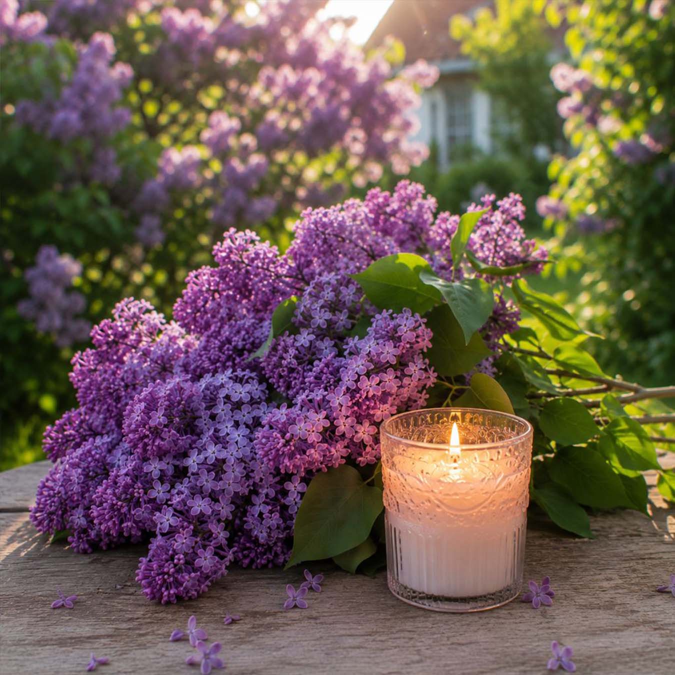 Bouquet of purple lilacs with a lit candle on a wooden surface, surrounded by greenery. - 1