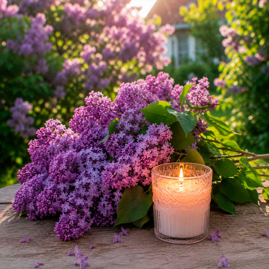 Bouquet of purple lilacs with a lit candle on a wooden surface, surrounded by greenery.