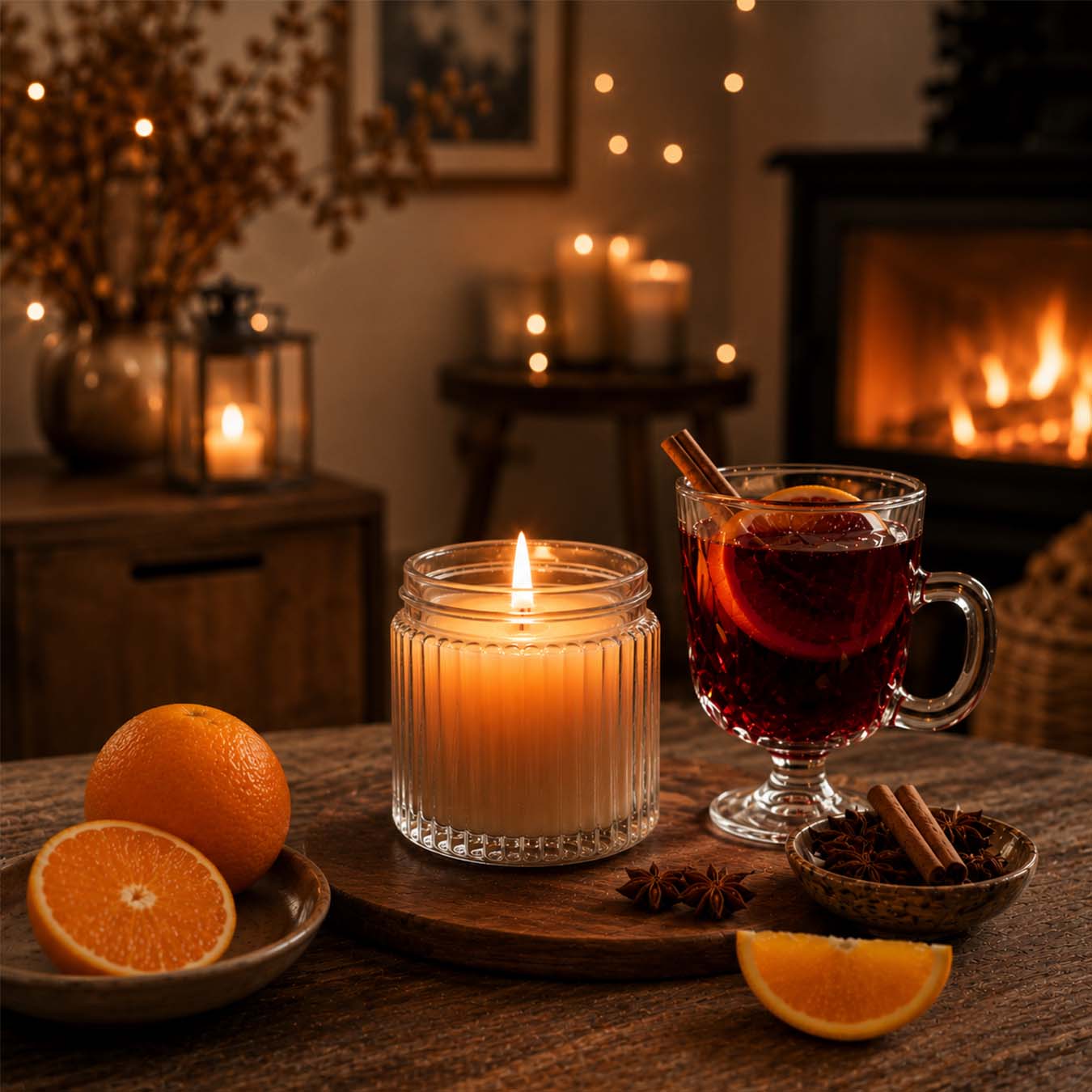 a candle in a glass next to a glass of hot wine and oranges - 1
