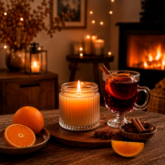 a candle in a glass next to a glass of hot wine and oranges