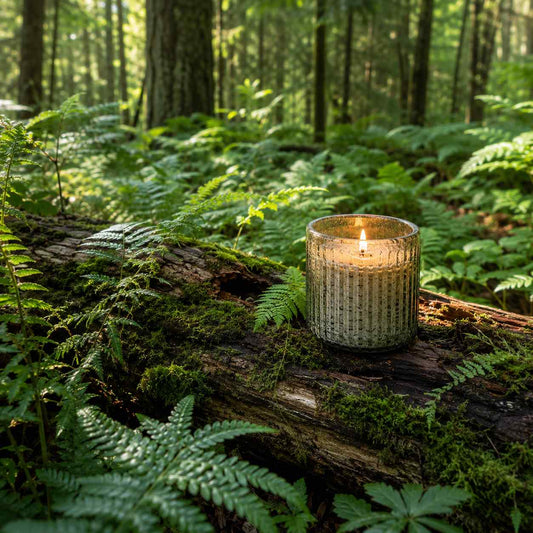 Into the Woods candle fragrance oil inspiration with a lit glass candle on a mossy forest log surrounded by lush woodland greenery