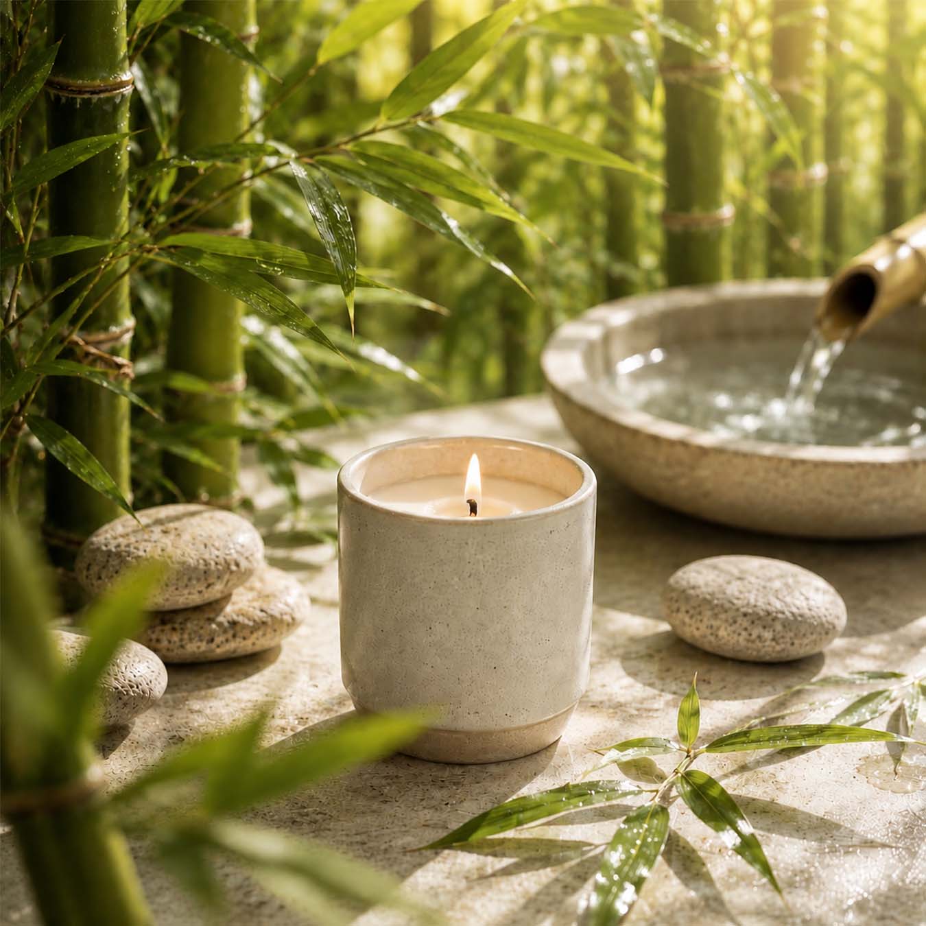 Candle in a ceramic holder with bamboo and stones in the background - 1