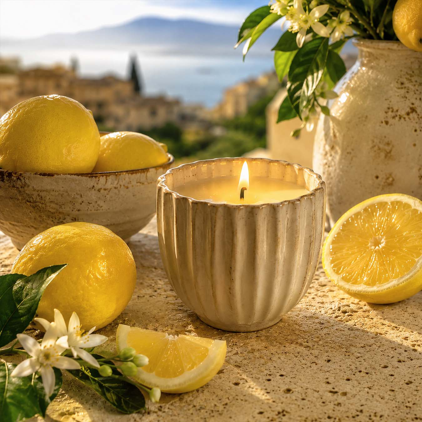 Candle in a textured container with lemons and flowers on a stone surface, with a scenic background. thumbnail - 1