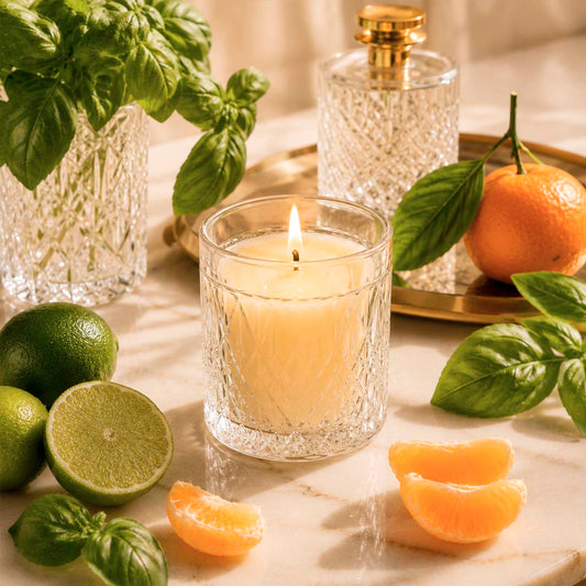 Candle in a glass holder with citrus fruits and basil leaves on a marble surface