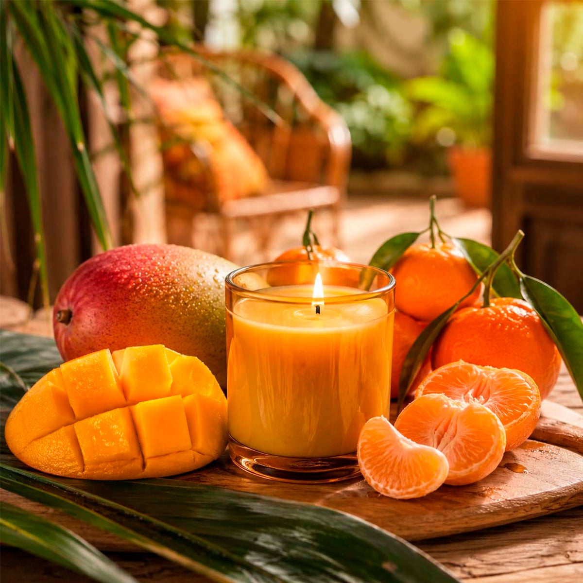 a candle in a glass next to juicy mango and tangerines thumbnail - 1