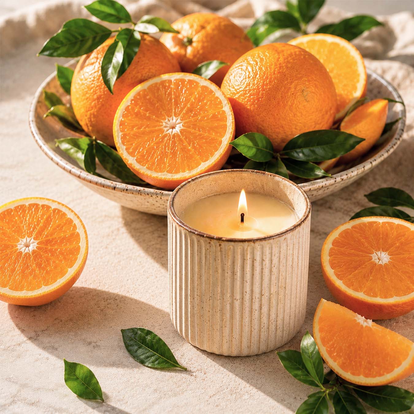 Burning candle in ceramic jar with fresh ripe oranges, orange slices and green citrus leaves in warm sunlight thumbnail - 1