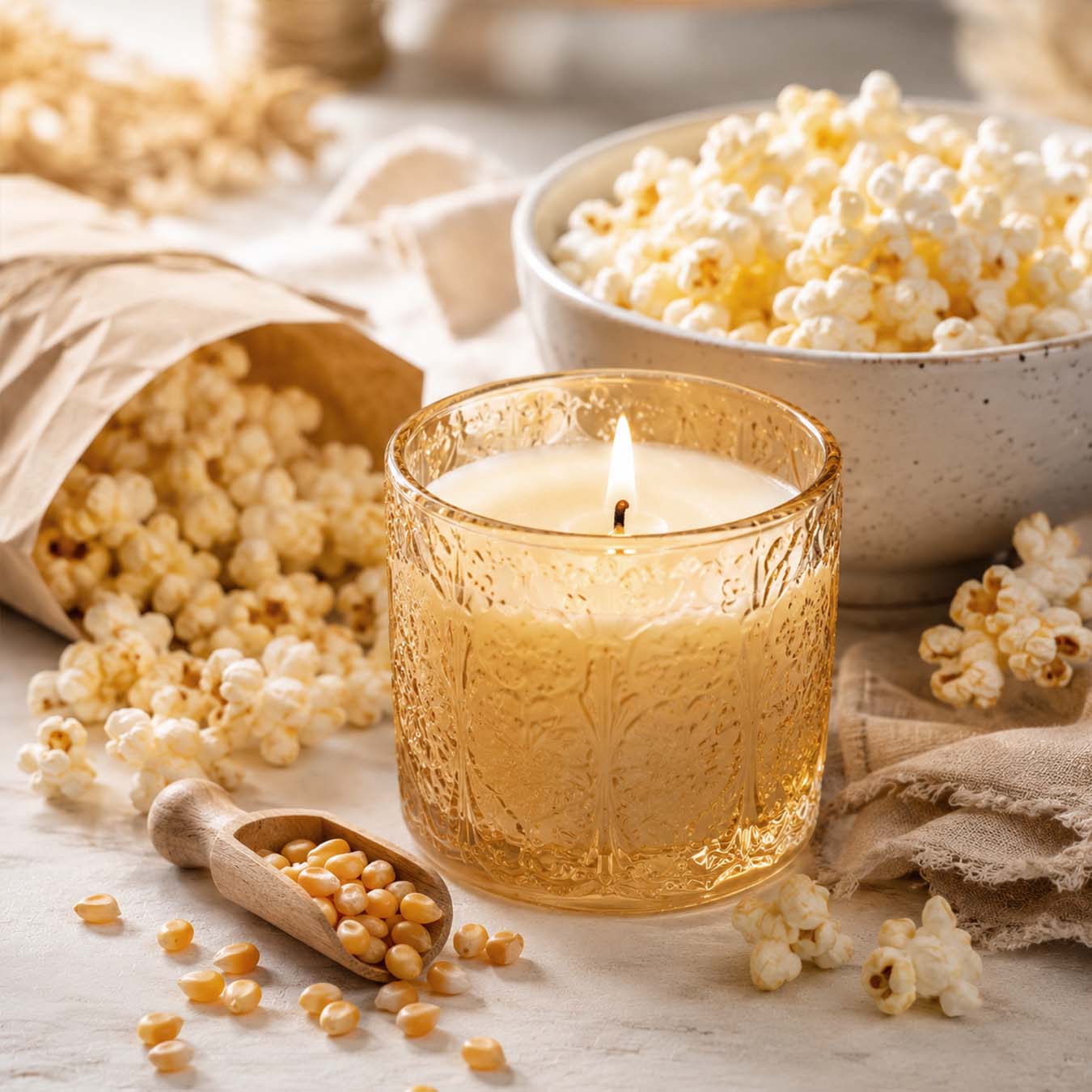 Glass candle with popcorn and kernels on a wooden surface thumbnail - 1