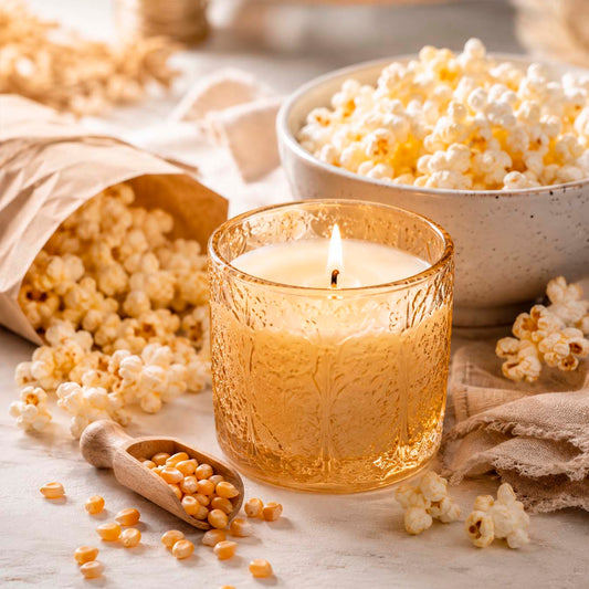 Glass candle with popcorn and kernels on a wooden surface