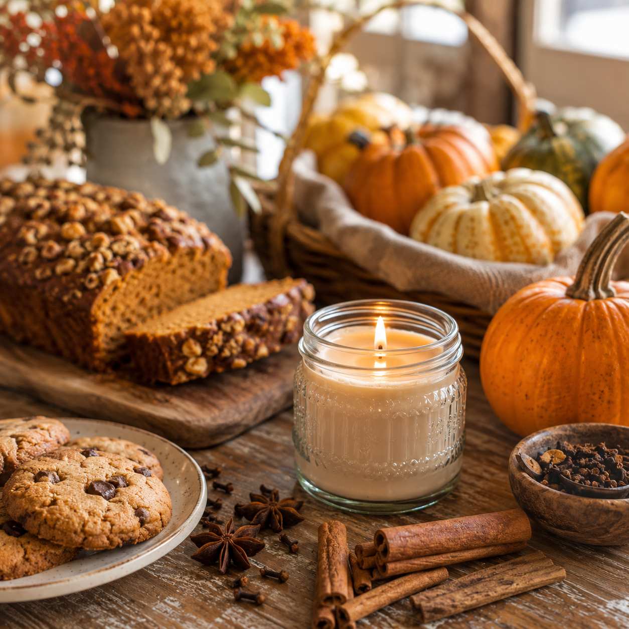 Pumpkin spice candle fragrance oil inspiration with pumpkins, baked treats, cinnamon sticks, spices and a lit candle thumbnail - 1