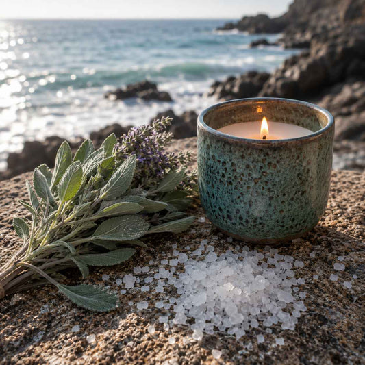 Sage & Seasalt candle fragrance oil inspiration with sea salt crystals, fresh sage, coastal rocks and a lit ceramic candle