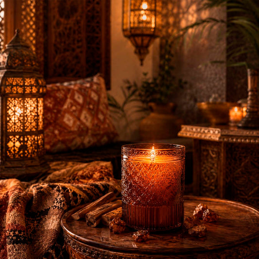 A candle in an elegant glass jar in a Moroccan-style room