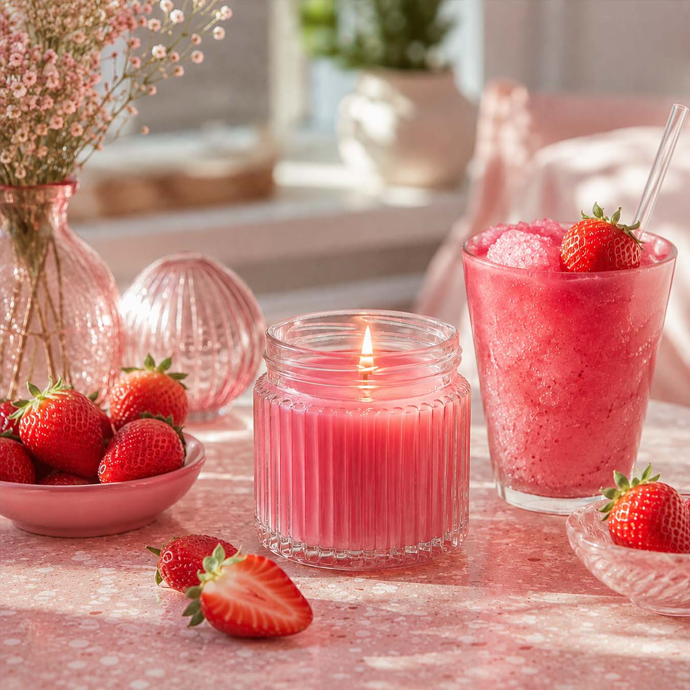 A candle in a glass next to a glass of strawberry smoothie. Juicy ripe strawberries are on the table nearby. - 1