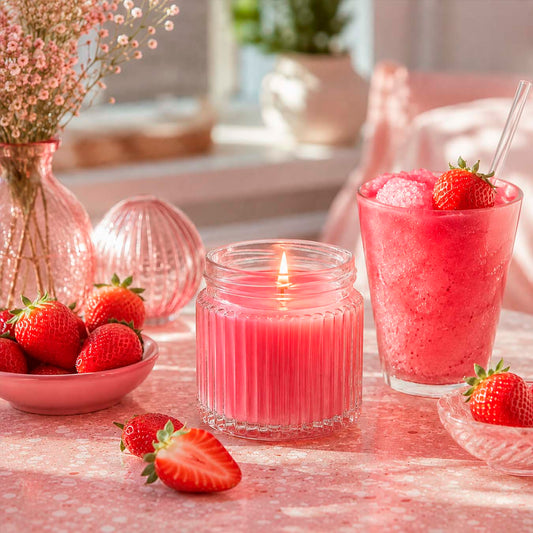 A candle in a glass next to a glass of strawberry smoothie. Juicy ripe strawberries are on the table nearby.