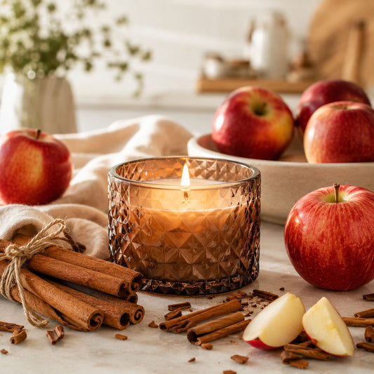 Apple and Cinnamon candle fragrance inspired scene with glowing candle, juicy red apples and tied cinnamon sticks in bright modern interior