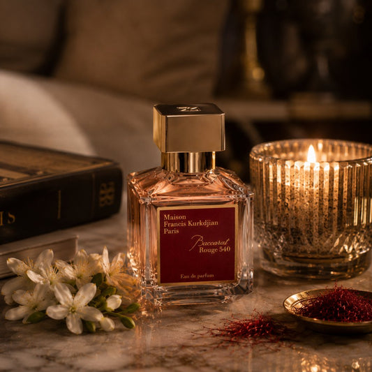 A burning candle on a table next to a bottle of Baccarat Rouge 540 perfume, jasmine flowers and saffron