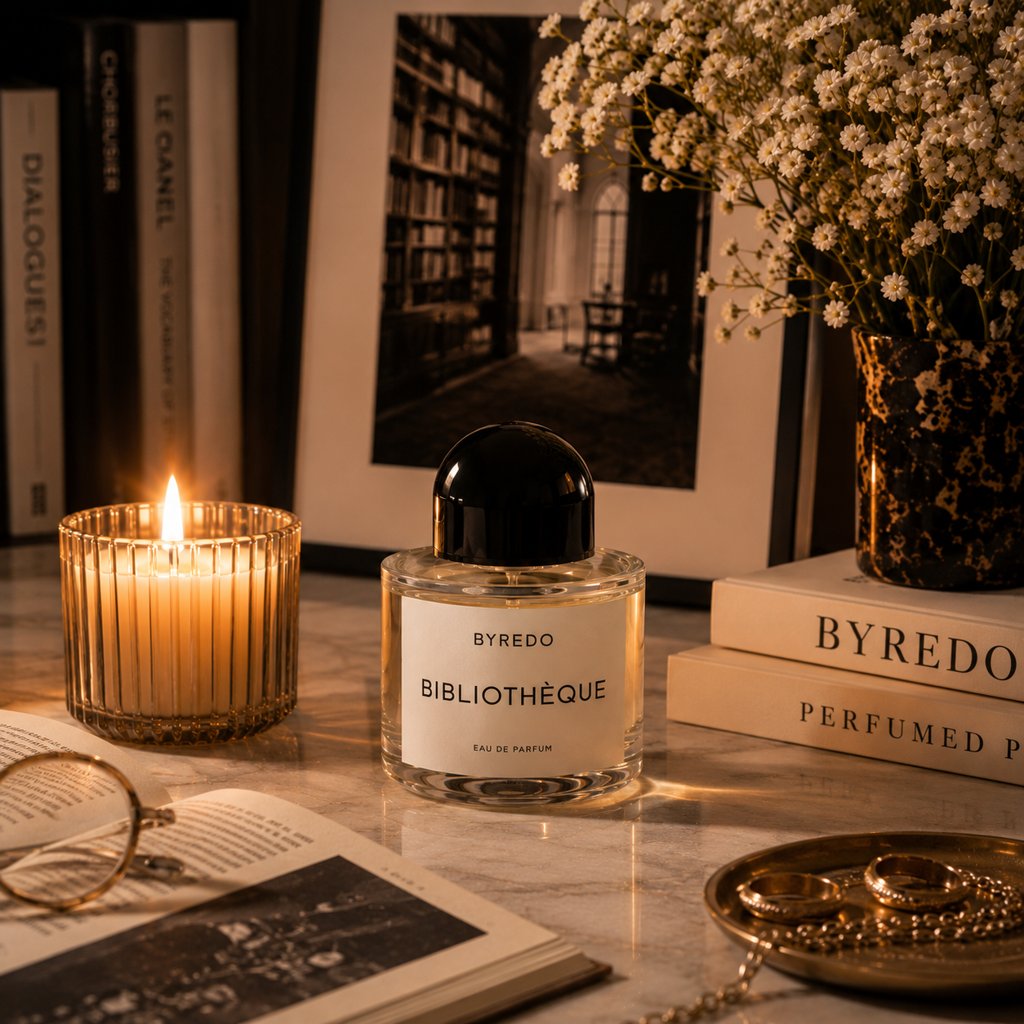 A burning candle next to a bottle of Bibliotheque Byredo perfume against a background of several books and flowers - 1